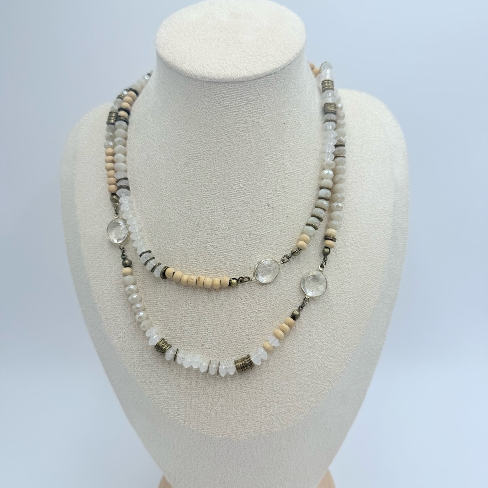 Loft Ann Taylor Multi Beads Wool Clear Rhinstones Long Necklace in Neutral Tones
